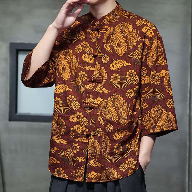 Buddha Stones Spring Frog-Button Dragon Mountain Flower Three Quarter Sleeve Tang Suit Men's Shirt With Pockets - image 7