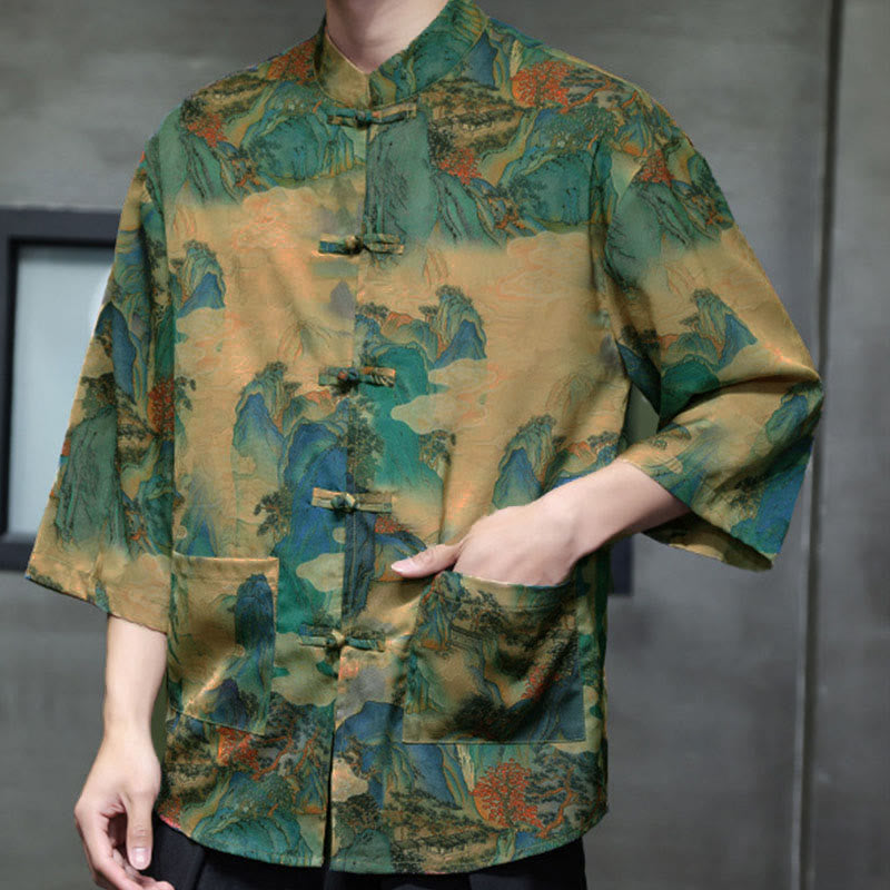 Buddha Stones Spring Frog-Button Dragon Mountain Flower Three Quarter Sleeve Tang Suit Men's Shirt With Pockets - image 44