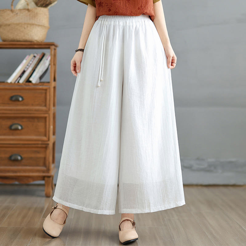 Buddha Stones Solid Color Elastic Waist Design Capri Cropped Women's Wide Leg Pants - White - US12,UK/AU16,EU44 (3XL) - image 18