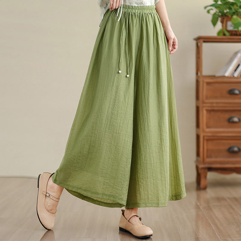 Buddha Stones Solid Color Elastic Waist Design Capri Cropped Women's Wide Leg Pants - YellowGreen - US12,UK/AU16,EU44 (3XL) - image 0