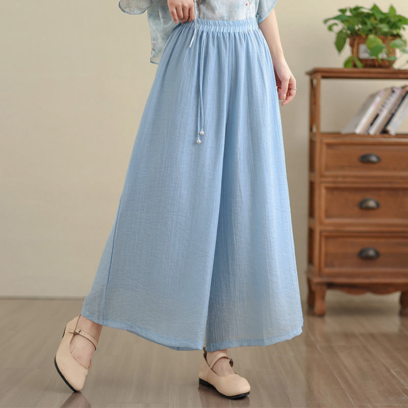Buddha Stones Solid Color Elastic Waist Design Capri Cropped Women's Wide Leg Pants - LightBlue - US12,UK/AU16,EU44 (3XL) - image 12