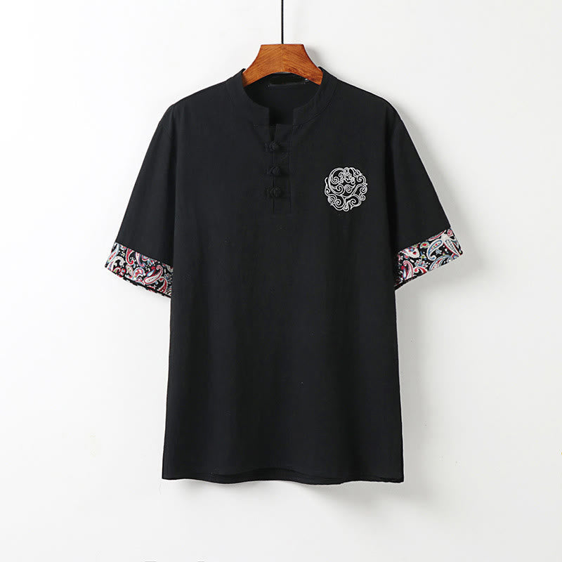 Buddha Stones Summer Frog-Button Auspicious Clouds Embroidery Design Short Sleeve Cotton Linen Men's Shirt - Black - US/UK/AU54,EU64 (9XL) - image 10