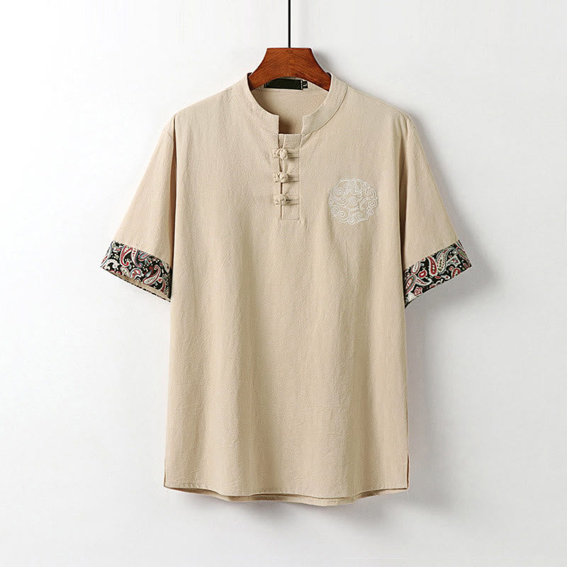 Buddha Stones Summer Frog-Button Auspicious Clouds Embroidery Design Short Sleeve Cotton Linen Men's Shirt - Bisque - US/UK/AU54,EU64 (9XL) - image 12