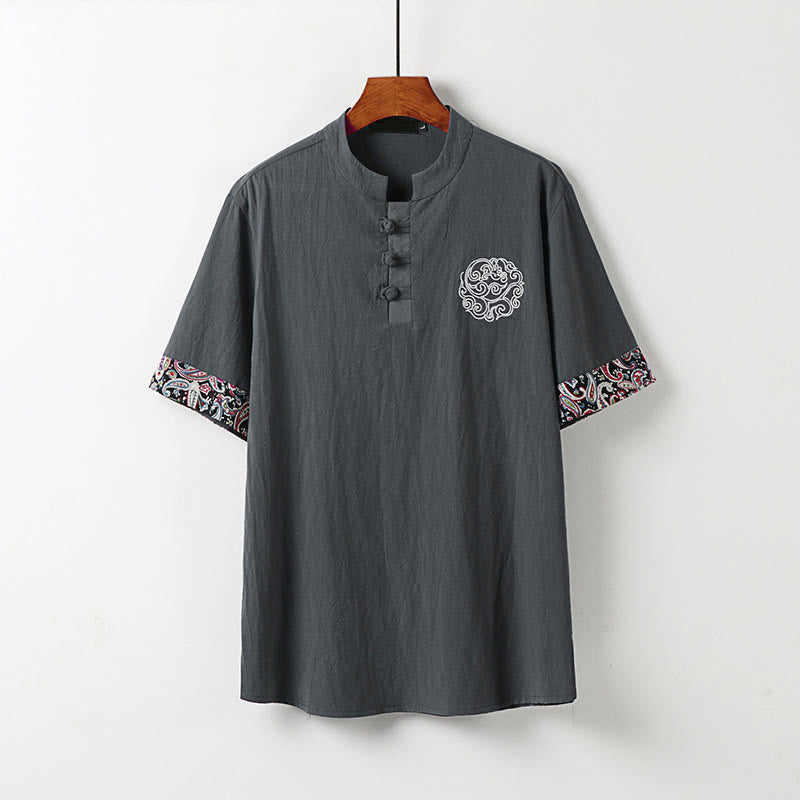 Buddha Stones Summer Frog-Button Auspicious Clouds Embroidery Design Short Sleeve Cotton Linen Men's Shirt - Gray - US/UK/AU54,EU64 (9XL) - image 9