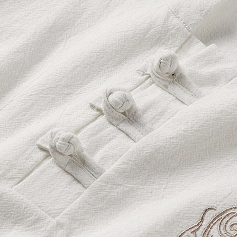 Buddha Stones Summer Frog-Button Auspicious Clouds Embroidery Design Short Sleeve Cotton Linen Men's Shirt - image 3