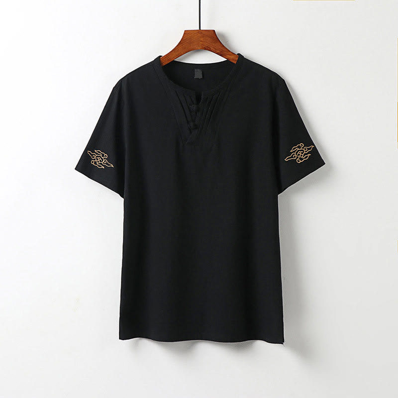 Buddha Stones Summer V-Neck Frog-Button Short Sleeve Clouds Embroidery Cotton Linen Men's Shirt - Black - US/UK/AU54,EU64 (9XL) - image 11