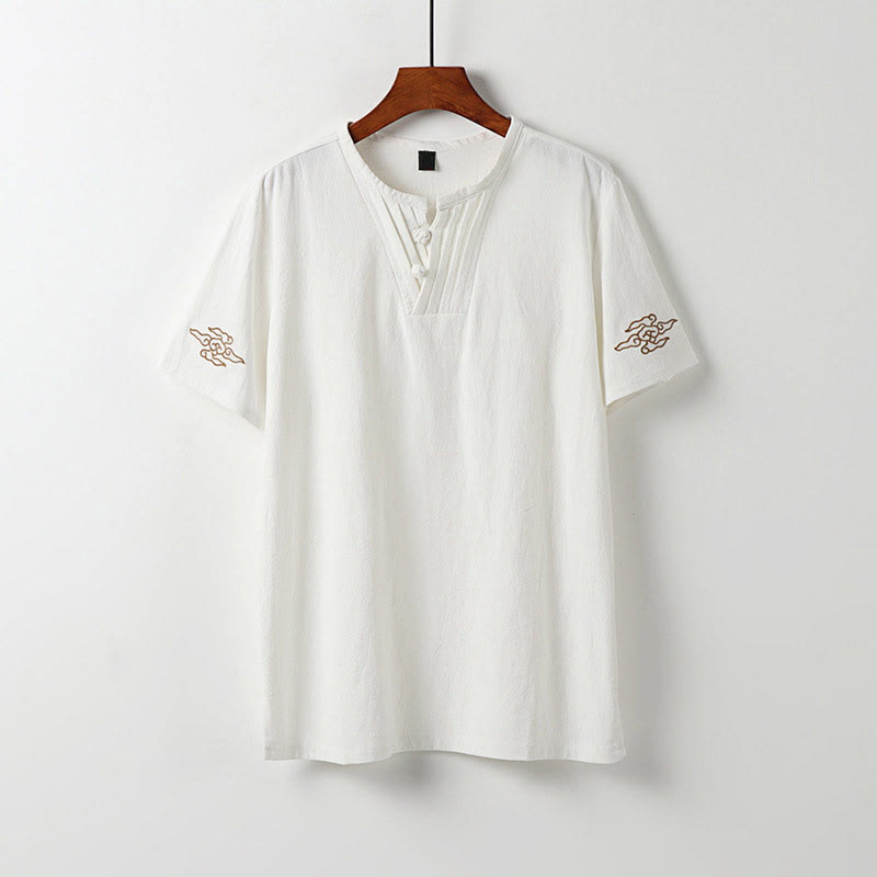 Buddha Stones Summer V-Neck Frog-Button Short Sleeve Clouds Embroidery Cotton Linen Men's Shirt - White - US/UK/AU54,EU64 (9XL) - image 1