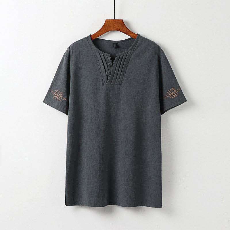 Buddha Stones Summer V-Neck Frog-Button Short Sleeve Clouds Embroidery Cotton Linen Men's Shirt - Gray - US/UK/AU54,EU64 (9XL) - image 2