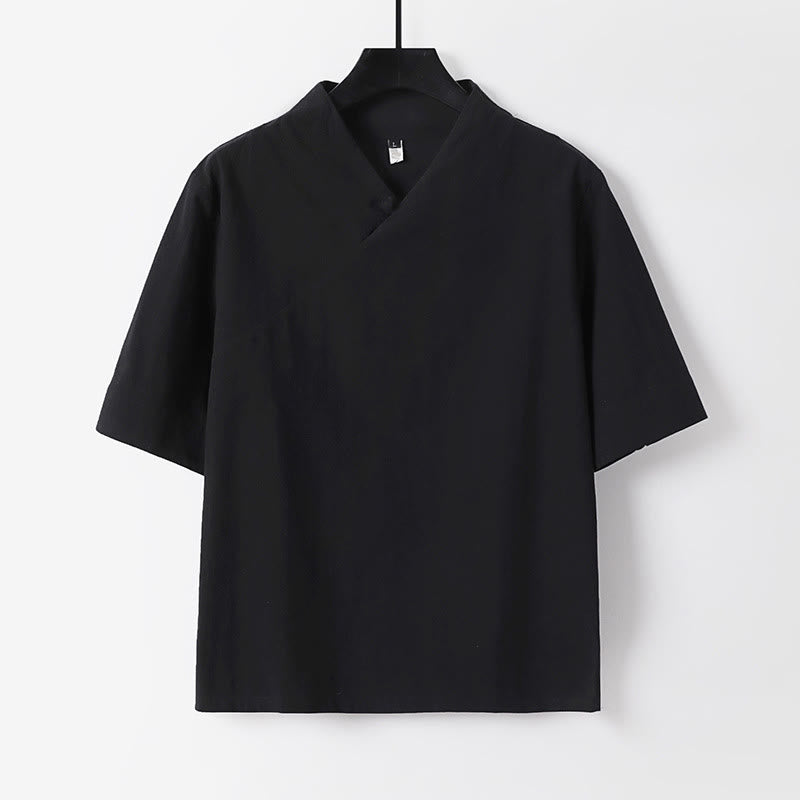 Buddha Stones Summer Simple V-Neck Short Sleeve Cotton Linen Men's Shirt - Black - US/UK/AU54,EU64 (9XL) - image 1