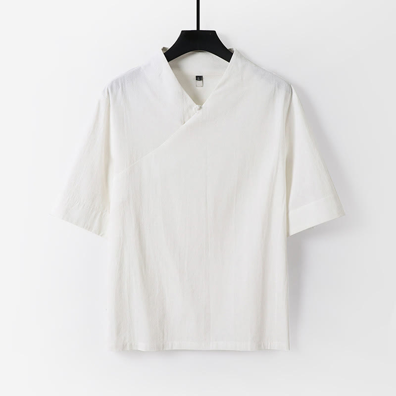 Buddha Stones Summer Simple V-Neck Short Sleeve Cotton Linen Men's Shirt - White - US/UK/AU54,EU64 (9XL) - image 11