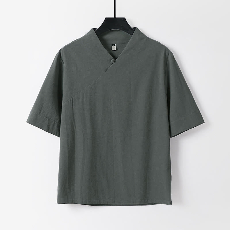 Buddha Stones Summer Simple V-Neck Short Sleeve Cotton Linen Men's Shirt - Gray - US/UK/AU54,EU64 (9XL) - image 0