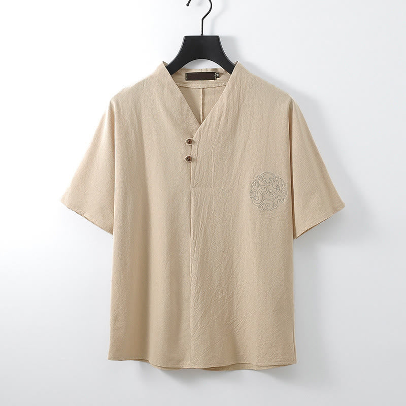 Buddha Stones Summer V-Neck Button Short Sleeve Clouds Embroidery Cotton Linen Men's Shirt - Bisque - US/UK/AU56,EU66 (9XL) - image 0