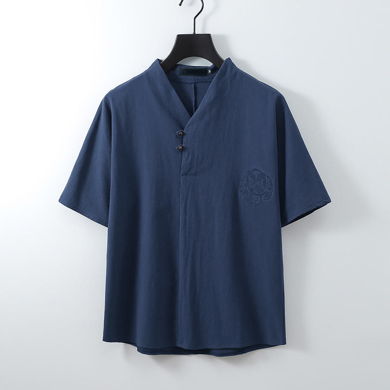 Buddha Stones Summer V-Neck Button Short Sleeve Clouds Embroidery Cotton Linen Men's Shirt - SteelBlue - US/UK/AU56,EU66 (9XL) - image 3
