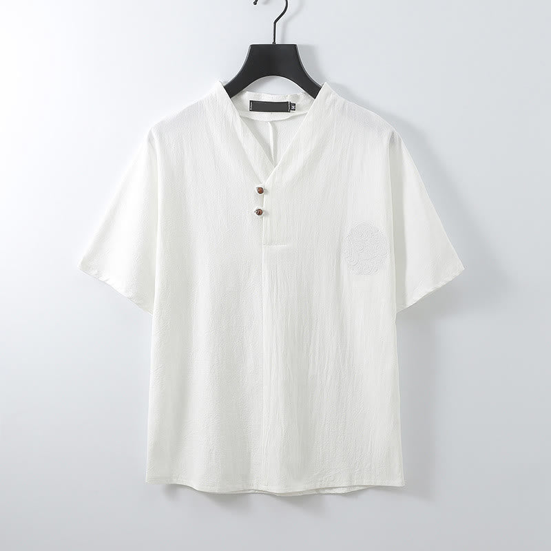 Buddha Stones Summer V-Neck Button Short Sleeve Clouds Embroidery Cotton Linen Men's Shirt - White - US/UK/AU56,EU66 (9XL) - image 4