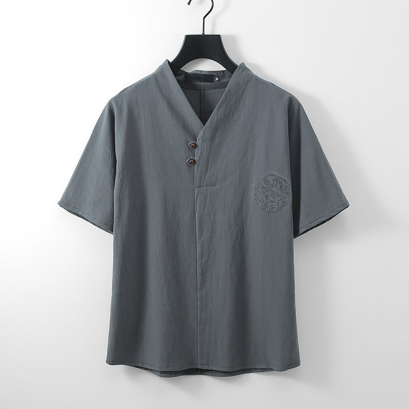 Buddha Stones Summer V-Neck Button Short Sleeve Clouds Embroidery Cotton Linen Men's Shirt - Gray - US/UK/AU56,EU66 (9XL) - image 1