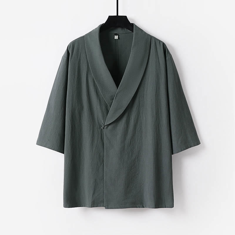 Buddha Stones Summer V-Neck Lapel Half Sleeve Cotton Linen Men's Shirt - Gray - US/UK/AU54,EU64 (9XL) - image 0