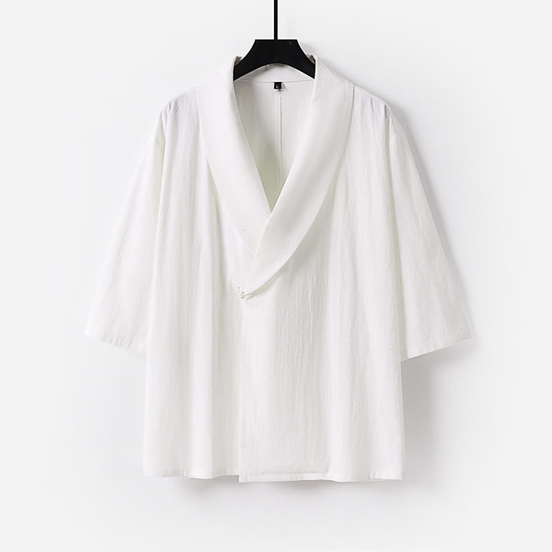 Buddha Stones Summer V-Neck Lapel Half Sleeve Cotton Linen Men's Shirt - White - US/UK/AU54,EU64 (9XL) - image 9
