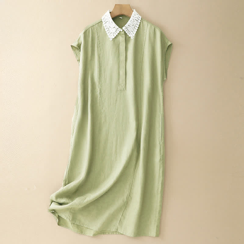 Buddha Stones Summer Hollow Lace Design Lapel Sleeveless Cotton Midi Dress With Pockets - YellowGreen - US14,UK/AU18,EU46 (2XL) - image 18