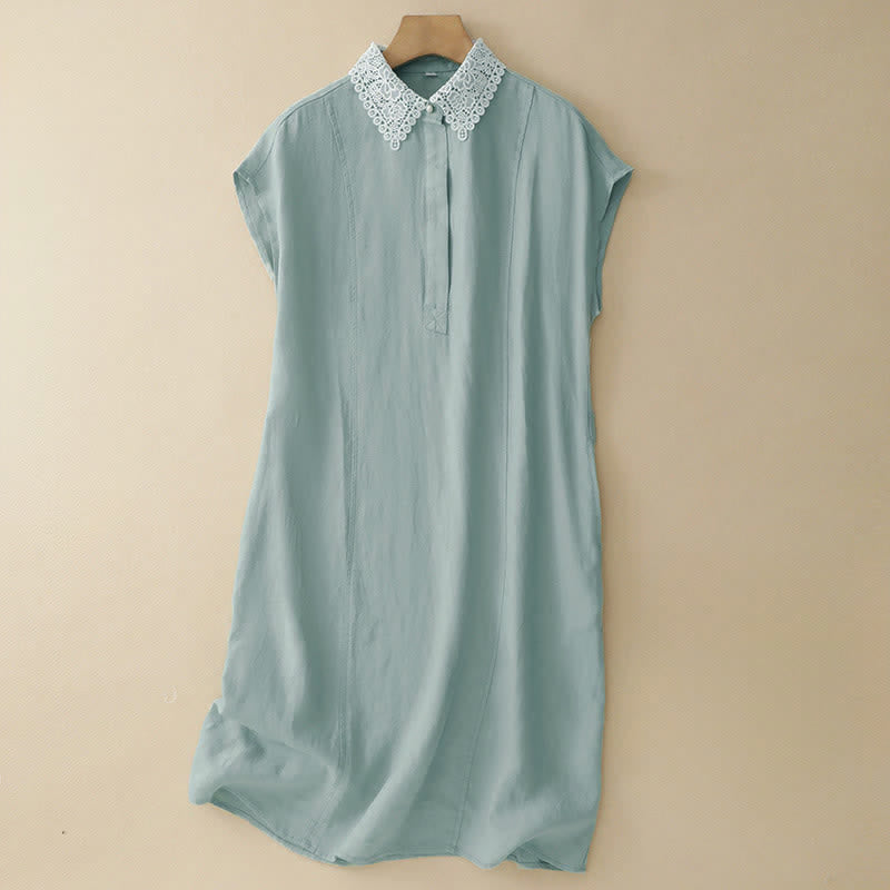 Buddha Stones Summer Hollow Lace Design Lapel Sleeveless Cotton Midi Dress With Pockets - MediumTurquoise - US14,UK/AU18,EU46 (2XL) - image 13