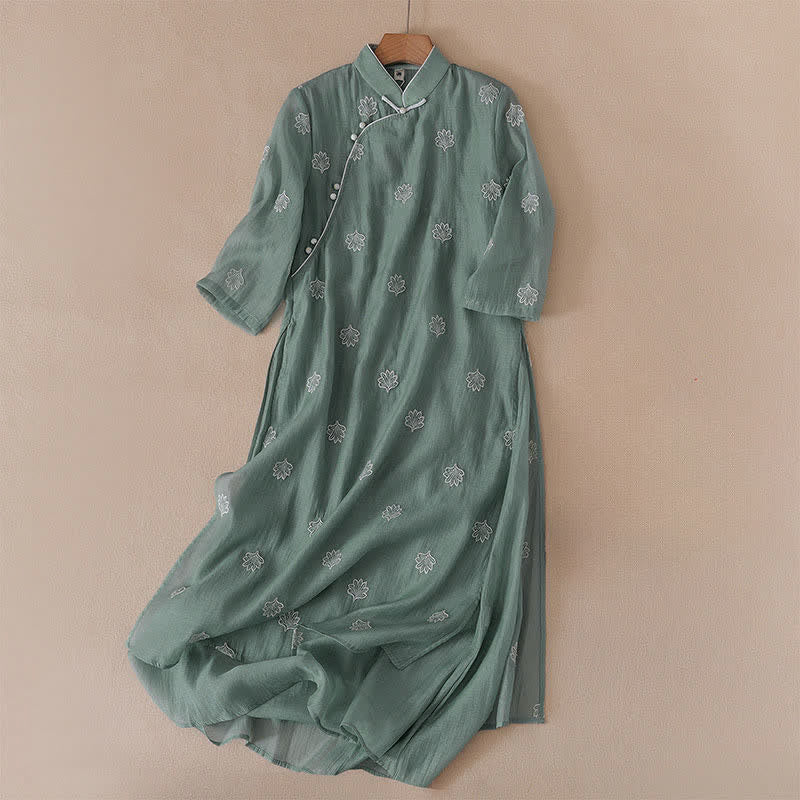 Buddha Stones Embroidery Flower Frog-Button Stand Collar Side Slit Short Sleeve Maxi Dress - SeaGreen - US8-10,UK/AU12-14,EU40-42 (2XL) - image 0