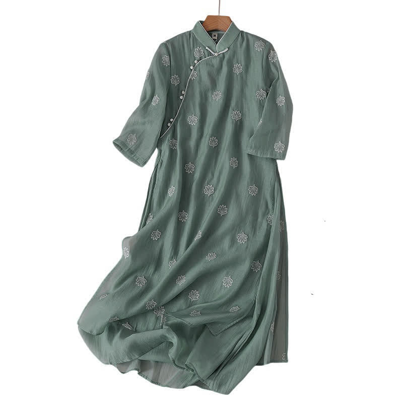 Buddha Stones Embroidery Flower Frog-Button Stand Collar Side Slit Short Sleeve Maxi Dress - image 1