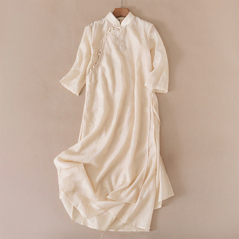 Buddha Stones Embroidery Flower Frog-Button Stand Collar Side Slit Short Sleeve Maxi Dress - PapayaWhip - US8-10,UK/AU12-14,EU40-42 (2XL) - image 2