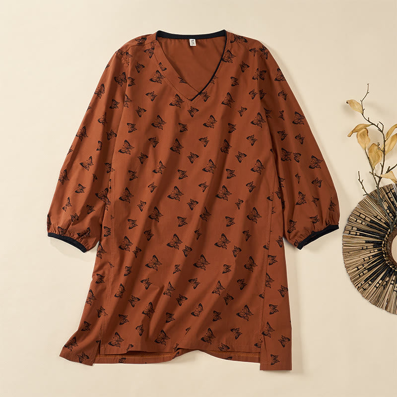 Buddha Stones Butterfly Pattern V-Neck Long Sleeve Women's Polyester Shirt - Sienna - US12,UK/AU16,EU44 (2XL) - image 0