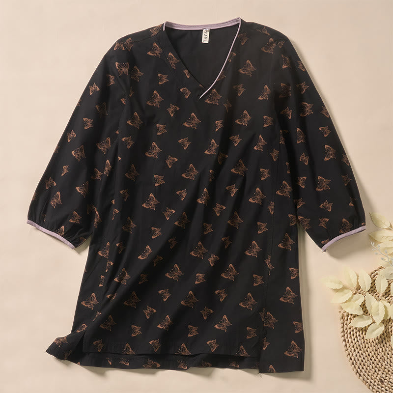Buddha Stones Butterfly Pattern V-Neck Long Sleeve Women's Polyester Shirt - Black - US12,UK/AU16,EU44 (2XL) - image 6