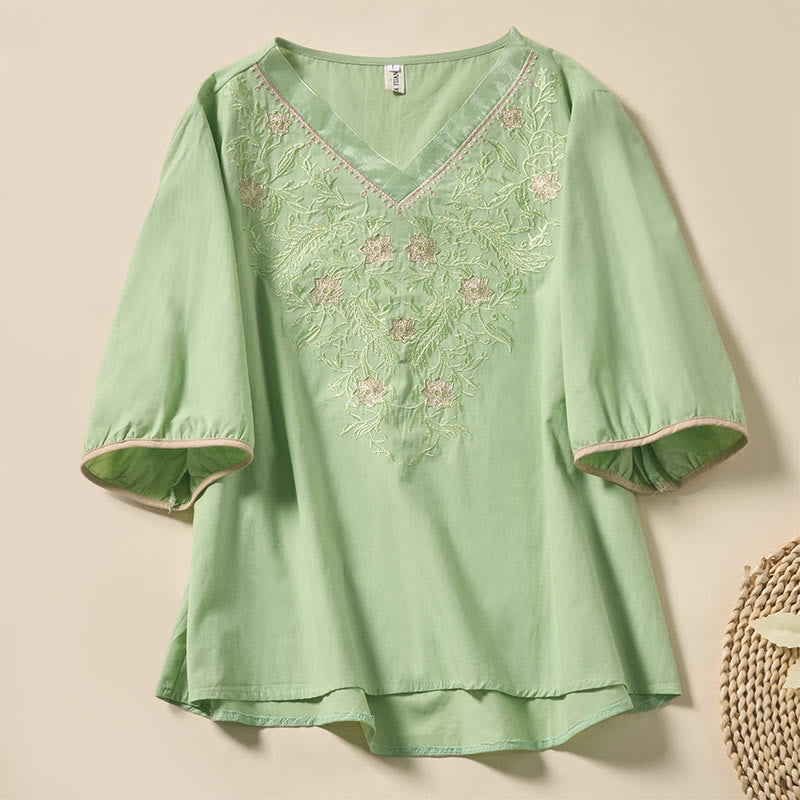 Buddha Stones Casual Floral Leaf Pattern V-Neck Women's Polyester Short Sleeve T-shirt - LightGreen - US8-10,UK/AU12-14,EU40-42 (2XL) - image 0