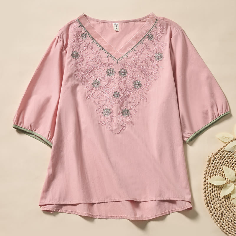 Buddha Stones Casual Floral Leaf Pattern V-Neck Women's Polyester Short Sleeve T-shirt - Pink - US8-10,UK/AU12-14,EU40-42 (2XL) - image 8