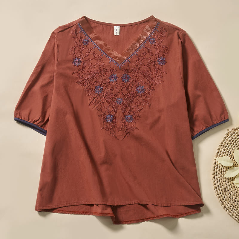 Buddha Stones Casual Floral Leaf Pattern V-Neck Women's Polyester Short Sleeve T-shirt - IndianRed - US8-10,UK/AU12-14,EU40-42 (2XL) - image 6