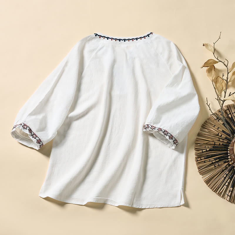 Buddha Stones Summer V-Neck Embroidery Lines Lace-up Cotton Women's Half Sleeve Shirt - image 8