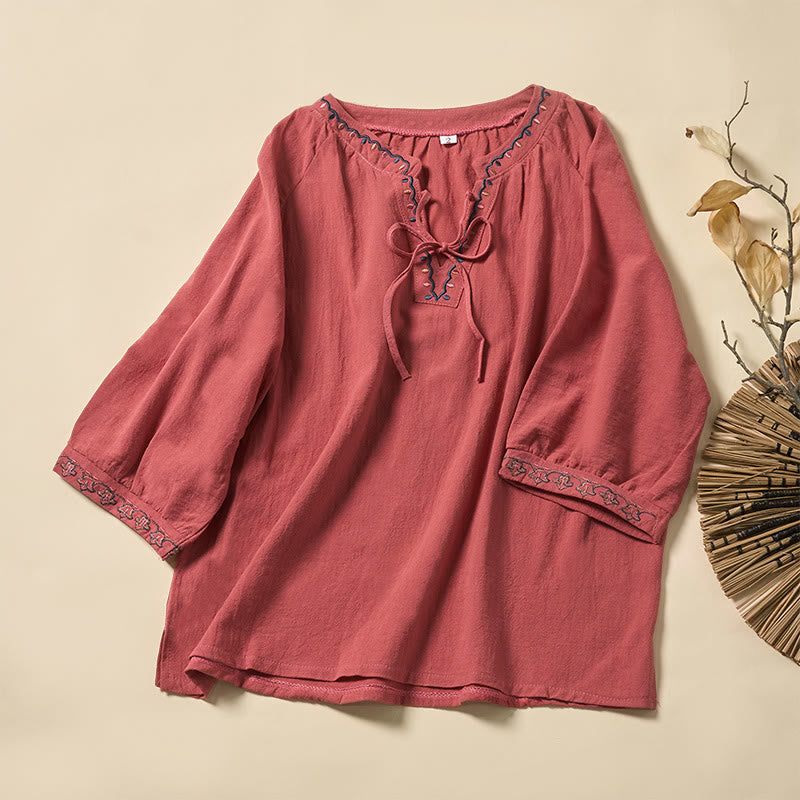 Buddha Stones Summer V-Neck Embroidery Lines Lace-up Cotton Women's Half Sleeve Shirt - Salmon - US12,UK/AU16,EU44 (3XL) - image 5