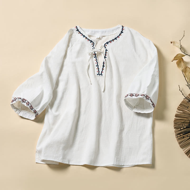 Buddha Stones Summer V-Neck Embroidery Lines Lace-up Cotton Women's Half Sleeve Shirt - White - US12,UK/AU16,EU44 (3XL) - image 7