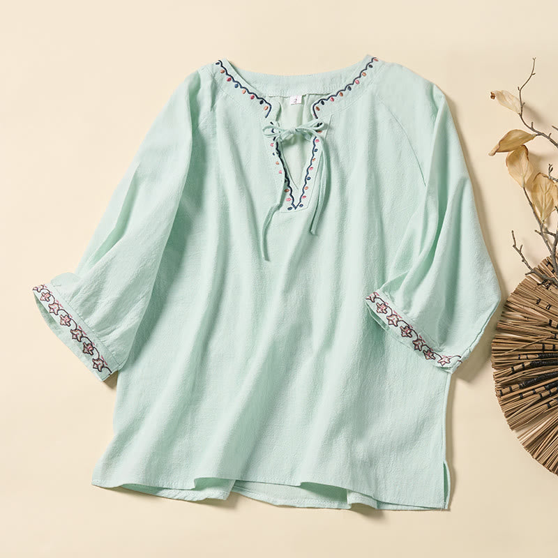Buddha Stones Summer V-Neck Embroidery Lines Lace-up Cotton Women's Half Sleeve Shirt - MintCream - US12,UK/AU16,EU44 (3XL) - image 0