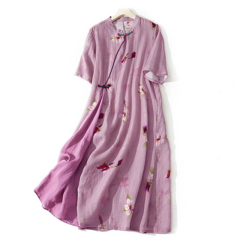 Buddha Stones Summer Orchid Floral Stand Collar Design Short Sleeve Midi Dress With Pockets - PaleVioletRed - US12,UK/AU16,EU44 (3XL) - image 0