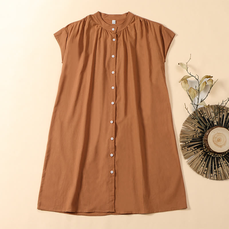 Buddha Stones Summer Solid Color Stand Collar A-line Design Short Sleeve Midi Dress - SandyBrown - US12,UK/AU16,EU44 (2XL) - image 0