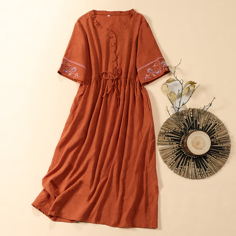 Buddha Stones Summer V-Neck Floral Embroidery Design Short Sleeve Cotton Midi Dress With Pockets - Tomato - US8-10,UK/AU12-14,EU40-42 (2XL) - image 0