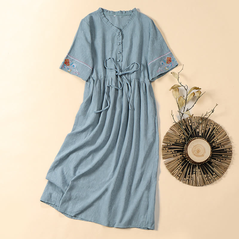 Buddha Stones Summer V-Neck Floral Embroidery Design Short Sleeve Cotton Midi Dress With Pockets - LightBlue - US8-10,UK/AU12-14,EU40-42 (2XL) - image 9