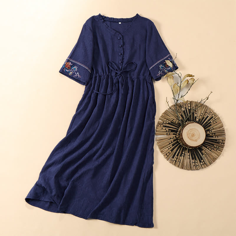 Buddha Stones Summer V-Neck Floral Embroidery Design Short Sleeve Cotton Midi Dress With Pockets - SteelBlue - US8-10,UK/AU12-14,EU40-42 (2XL) - image 7