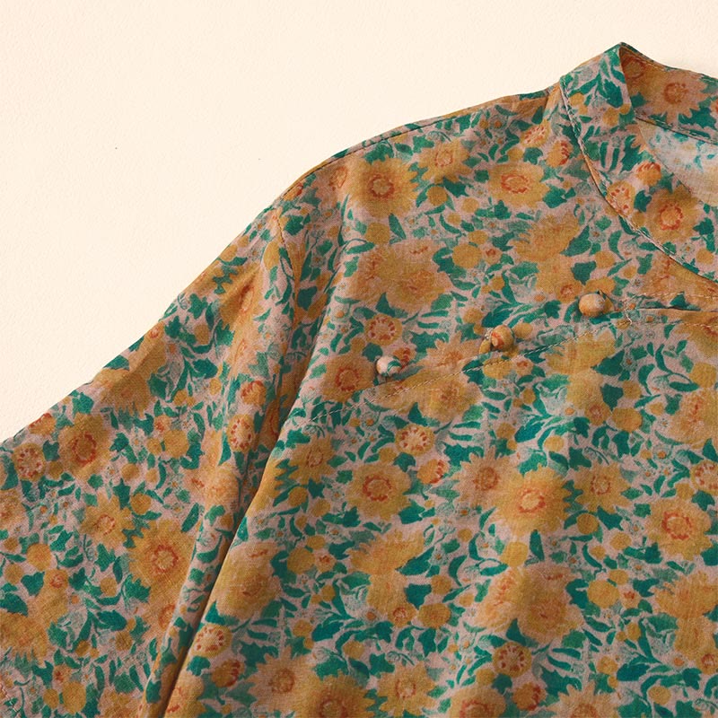 Buddha Stones Summer Frog-Button Stand Collar Short Sleeve Flower Pattern Women's Shirt - image 4