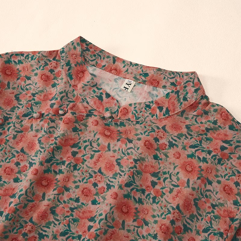Buddha Stones Summer Frog-Button Stand Collar Short Sleeve Flower Pattern Women's Shirt - image 7