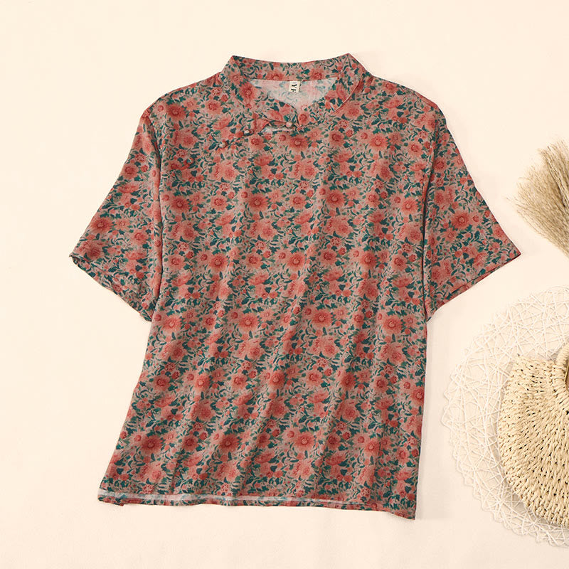Buddha Stones Summer Frog-Button Stand Collar Short Sleeve Flower Pattern Women's Shirt - Tomato - US12,UK/AU16,EU44 (2XL) - image 6