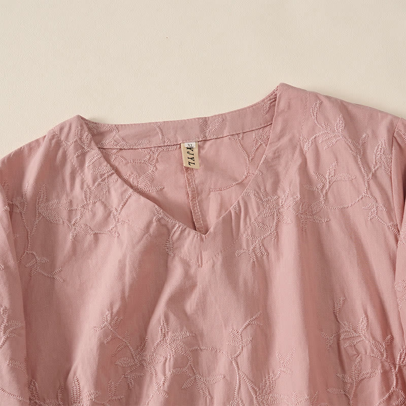 Buddha Stones Spring V-Neck Long Sleeve Leaf Pattern Women's Cotton Shirt - image 7