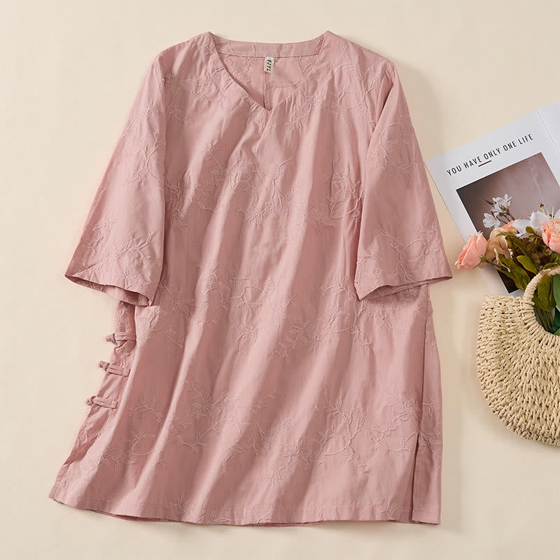 Buddha Stones Spring V-Neck Long Sleeve Leaf Pattern Women's Cotton Shirt - Pink - US8-10,UK/AU12-14,EU40-42 (2XL) - image 0