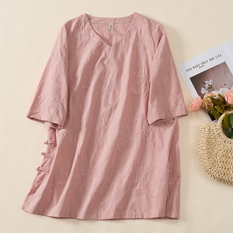 Buddha Stones Spring V-Neck Long Sleeve Leaf Pattern Women's Cotton Shirt - image 3