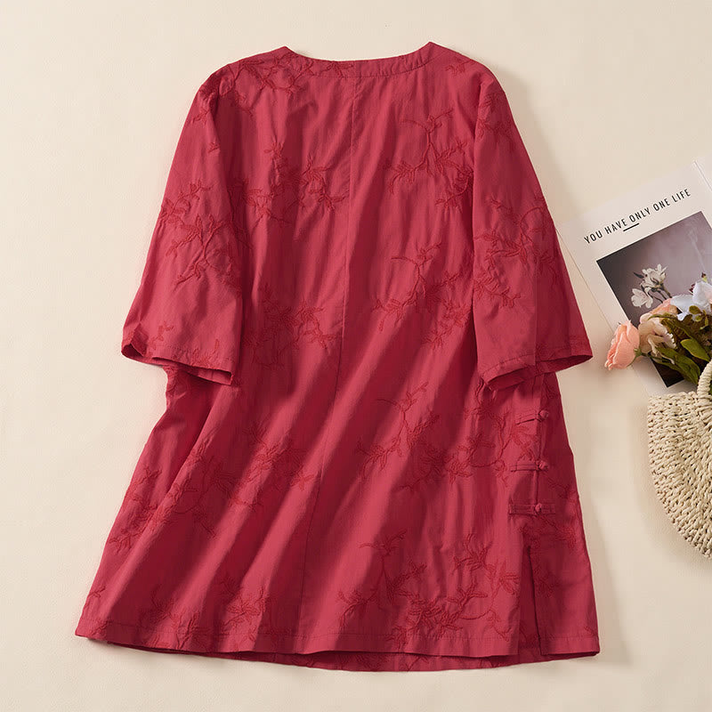Buddha Stones Spring V-Neck Long Sleeve Leaf Pattern Women's Cotton Shirt - image 20