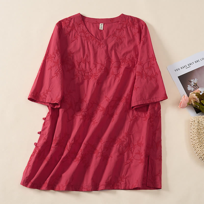 Buddha Stones Spring V-Neck Long Sleeve Leaf Pattern Women's Cotton Shirt - Red - US8-10,UK/AU12-14,EU40-42 (2XL) - image 17