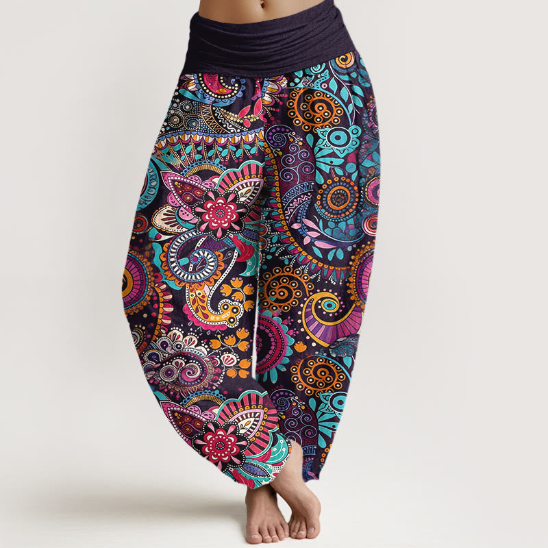 Buddha Stones Cotton Traditional Paisley Pattern Women's Elastic Waist Harem Pants - Black - US16,UK/AU20,EU48 (3XL) - image 0