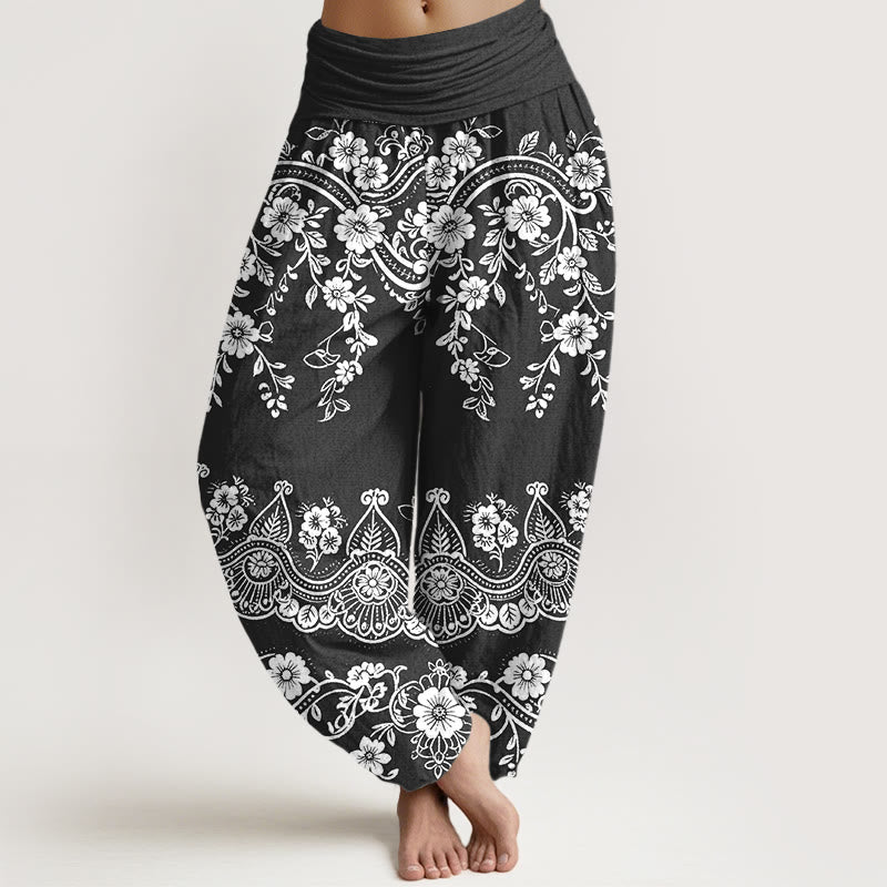 Buddha Stones Cotton Traditional Flower Vine Leaf Pattern Women's Elastic Waist Harem Pants - Black - US16,UK/AU20,EU48 (3XL) - image 0